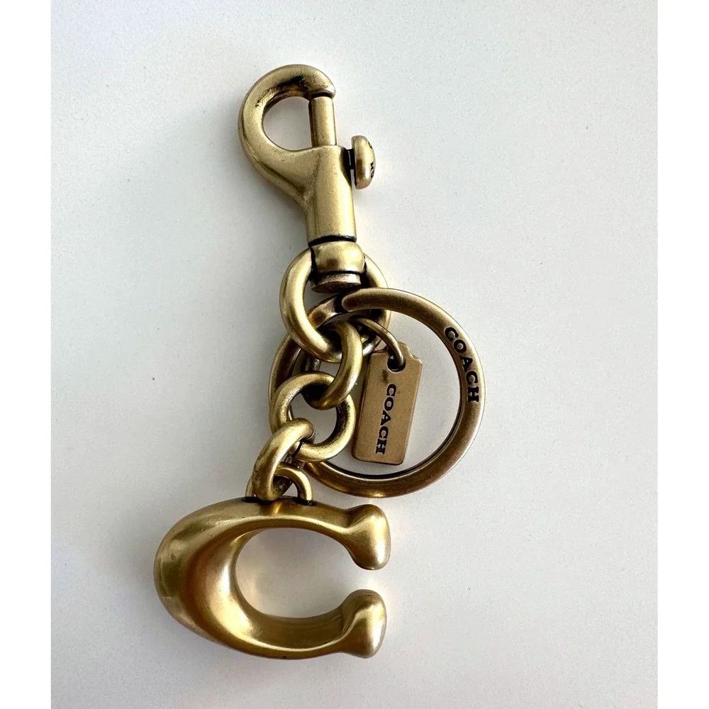 Coach Signature C Bag Charm Key Fob Antique Brass Gold Metal Logo 63784
